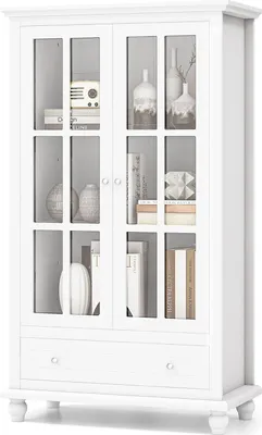 Zdjęcie produktu dla Regał KOMFOTTEU, 4-poziomowa witryna z drzwiami i 1 szufladą i 2 regulowanymi półkami, szafka biurowa 80x40x139cm, szafka na dokumenty do biura, sypialni, sali lekcyjnej