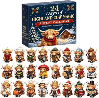 Produktbild von Adventskalender 24 Tage Highland Cow Magic, 24 Sammelfiguren, für Kinder, Weihnachten Adventszeit
