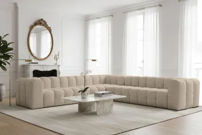 Produktbild von Ecksofa Designersofa SOLVIE XL in Stoff Moly Beige Seite Universal