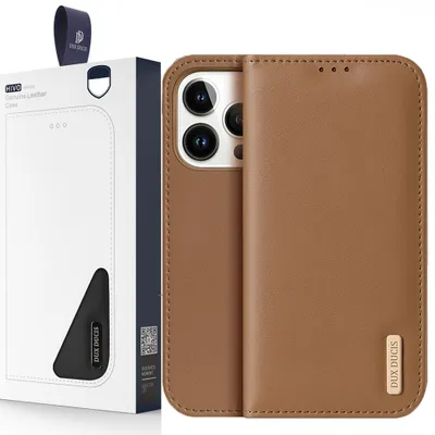 Zdjęcie produktu dla Dux Ducis Hivo Skórzane Etui Z Klapką Pokrowiec Ze Skóry Naturalnej Portfel Na Karty I Dokumenty Iphone 14 Pro Brązowy