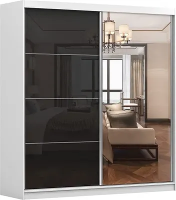 Produktbild von Kleiderschrank M31 mit Spiegel 203 cm, Schwebetürenschrank, Garderobeschrank Schlafzimmer; Wohnzimmerschrank; Korpus Schrank Farbe: Weiß; Farbe der Schrankfront: Schwarz Hochglanz- 2 Schiebetüren