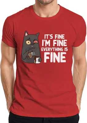 Zdjęcie produktu dla Śmieszna koszulka męska Cat Coffee Saying In Fine Morning Grouch Humour Stress, czerwony, 3XL
