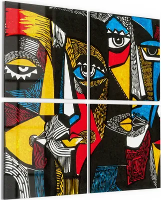 Produktbild von DEQORI Glasbild Echtglas 4x50x50 cm 'Linolschnitt Gesichter' Wandbilder XXL groß
