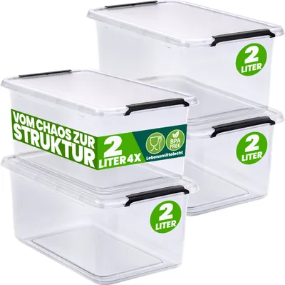 Produktbild von DEUBA® 4x Aufbewahrungsbox mit Deckel 2L Box Kunststoff Kisten lebensmittelecht BPA frei klein Klickverschluss transparent stapelbar Küche Schlafzimmer
