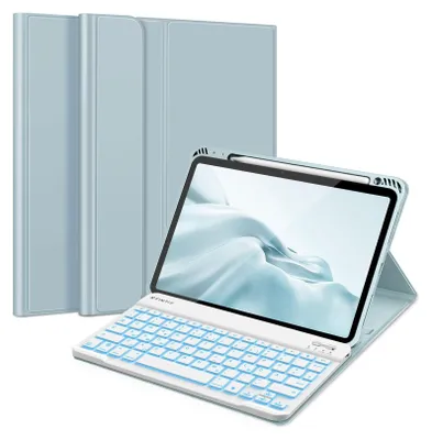 Produktbild von FINTIE Tastatur Hülle für iPad Air 11 Zoll 2025/2024 (M3/M2), iPad Air 5 2022/ Air 4 10.9" - 7 Farben Beleuchtete Abnehmbare QWERTZ Keyboard, TPU Rückseite Schutzhülle mit Stifthalter, Eisblau