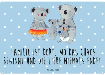 Produktbild von Mr. & Mrs. Panda Wandbild Koala Familie DIN A4 - Blau Pastell - Geschenk, Papa, tafel, Kinder, Blechtafel, Retro Blechschild, Mama, Koalas, Schild, Bruder