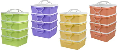 Four stacks of square, multi-tiered food containers in different colors.