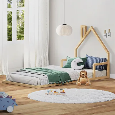 Produktbild von Bodenbett ELOA mit Hausdach 90x200 cm natur Kiefer massiv, Montessori-Kinderbett, Montessori-Möbel