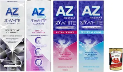 Produktbild von Dentifricio AZ Testpaket, Zahnpasta mit aufhellender Wirkung, mit Kohlepulver, 4x 50ml + Italian Gourmet polpa 400g