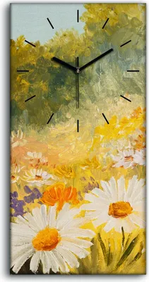 Produktbild von Wandbild Leinwand Bilder mit Uhr 30x60 Bunte Malerei Feld der Gänseblümchen - schwarze Hände