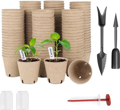 Obrázek produktu pro Sada Unyqoos® obsahující 50 biologicky rozložitelných květináčů (průměr 8 cm) – včetně 20 štítků pro rostliny a 3 nástrojů pro výsadbu