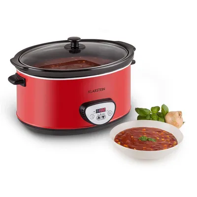 Produktbild von Klarstein Bankett - Slow Cooker , Schongarer , 6,5 Liter , 320 Watt Heizelement , Einstellbarer Timer , Bedienfeld mit Digitalanzeige , Keramik-Innentopf , Glasdeckel , Warmhaltefunktion , rot