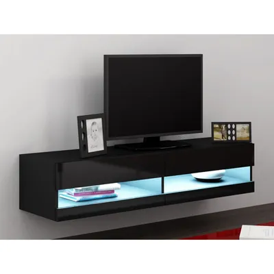 Image de Meuble TV avec éclairage LED blanc 140 cm ASHTON 1 – noir / noir brillant