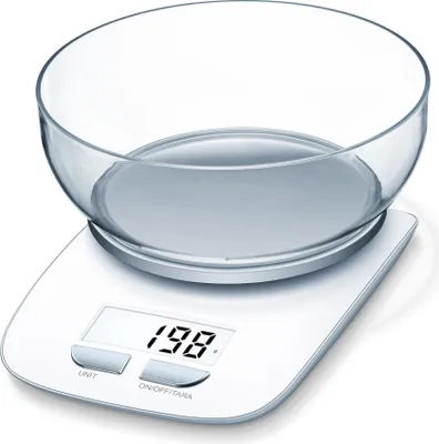 A white digital kitchen scale with a clear glass bowl on top, displaying the weight '198'.