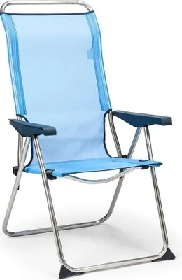 A blue and silver folding beach chair against a white background.