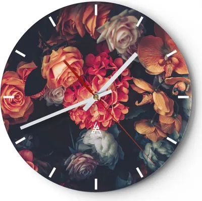 Produktbild von Wanduhr - Rund - Glasuhr - Blumenstrauß Blumen Rosen - 40x40cm - Schleichendes Uhrwerk - Lautlos - zum Aufhängen bereit - Dekoration Modern - Wanddekoration aus Glas - C3AR40x40-5002