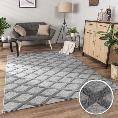 Produktbild von Waschbarer Teppich waschmaschinenwaschbar Rauten Küche, Flur schmutzabweisend Grau Rechteckig 160x220 | 100% Polyester | Florhöhe: 10 mm
