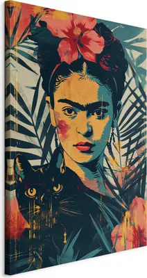 Produktbild von Wandbilder XXL Frida Kahlo 60x90 cm 1 tlg Wand Deko Leinwand Bilder Groß Wohnzimmer Schwarze Katze Frau Porträt Abstraktion h-H-10052-b-a