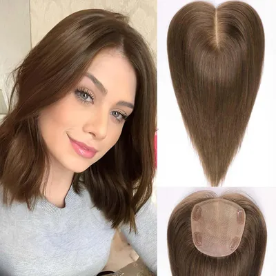 Image de Pièce de cheveux en véritable cheveux, 12 pouces, couleur marron moyen, base de 12,7 x 14 cm, sans frange