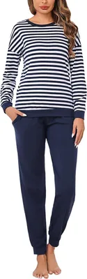 Immagine prodotto di Pigiama da donna in cotone a maniche lunghe, con motivo a righe, composto da due pezzi, taglia M