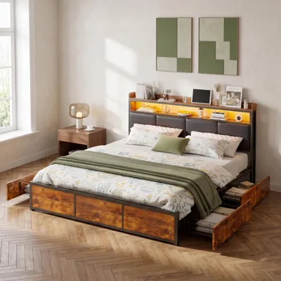 Immagine prodotto di Letto matrimoniale in metallo INONEFT, 160x200 cm, con spazio contenitore, letto per ragazzi/adulti, con LED e 4 cassetti, letto multifunzionale con spazio contenitore e ripiano imbottito. Materiale: PU