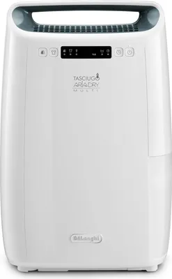 A white De'Longhi dehumidifier is shown from the front on a white background.