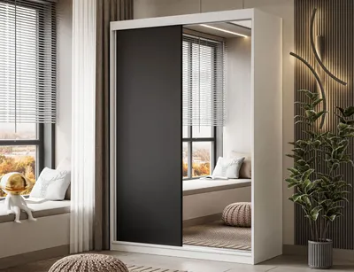 Produktbild von Kleiderschrank CAMARO II 150 cm mit Spiegel Schiebetürenschrank Weiß / Schwarz