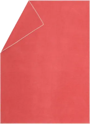 A red blanket is shown folded in half, with one corner lifted to reveal the underside.