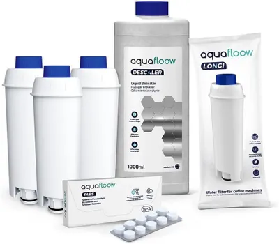 Obrázok produktu pre Súprava Aquafloow na starostlivosť o plne automatické kávovary - 3 vodné filtre + 1 liter odvápňovača + 10 čistiacich tabliet - kompatibilné s Delonghi EC/ECAM/ETAM/ESAM
