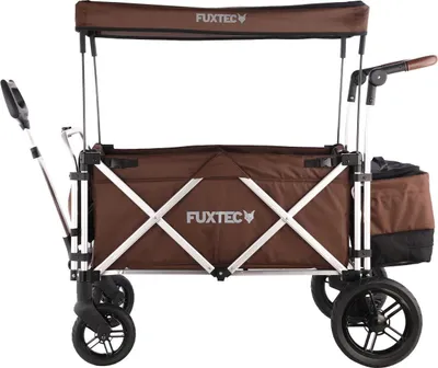 Produktbild von Fuxtec Bollerwagen CTL-900, Braun, Aluminium, 130x67x116 cm, faltbar, freistehend, reduziertes Packmaß, geländegängig, gefederte und abnehmbare Räder, Sonnendach, 5-Punkt-Sicherheitsgurt, Hecktasche mit Kühltasche, Teleskop-Zugstange, zusätzlicher Schiebegriff, Feststellbremse, Stoffbezug abnehmbar & waschbar, 2 Sitzplätze für Familien- & Warentransport