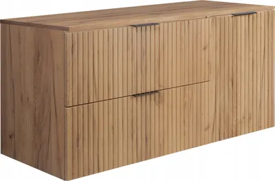 A wooden cabinet with ribbed doors is shown against a white background.
