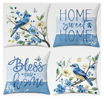 Produktbild von Kissenbezüge mit blauen Vögeln und Blumen 45 x 45 cm aus Samt – 4er Set für Sofa, Schlafzimmer, Auto und Zuhause