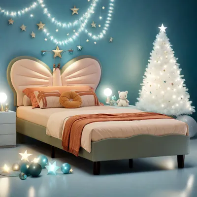 A child's bedroom decorated for Christmas, with a bed, Christmas tree, and festive lights.
