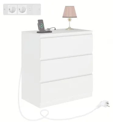 Produktbild von Kommode Weiß 3 Schubladen mit 2 USB-Ports & 2 AC-Anschlüssen 70x40x75cm
