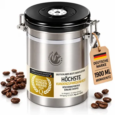 Produktbild von Coffee Fox Vakuum Vorratsdose Groß aus Edelstahl – Luftdichte Kaffeedose mit Aromaventil, Datumsanzeige & Dosierlöffel für lange Frische
