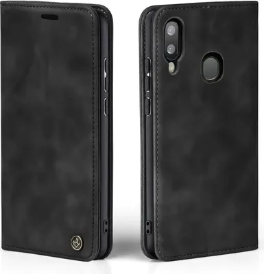 A black flip cover phone case shown from two angles.