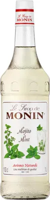 A bottle of Monin Mojito Mint syrup on a white background.