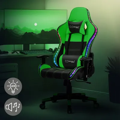 Produktbild von ML-Design Gaming Stuhl mit RGB LED-Beleuchtung & Bluetooth-Lautsprechern, Schwarz/Grün, Ergonomischer Bürostuhl, Rückenlehne, Kopfstütze, Lendenkissen