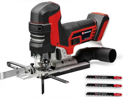A red and black cordless jigsaw with saw blades is displayed against a white background.