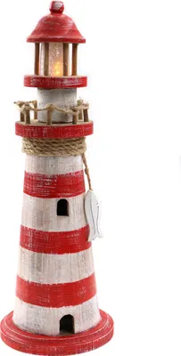Produktbild von Leuchtturm aus Holz in rot-weiß mit flackernden LED-Lichtern und maritimen Details zum Stellen, H.: 35cm, Stehdekoration, Dekor, leuchtend, Dekoartikel