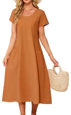 Zdjęcie produktu dla Sukienka maxi z bawełny - Letnia sukienka damska - Sukienka plażowa - Styl boho - Krótkie rękawy - Luźny krój z kieszeniami