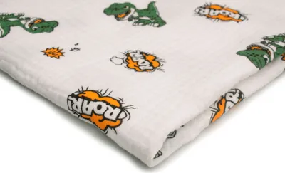 Obrázek produktu pro Bavlněná mušelínová tkanina s potiskem, dvojitá gáza, T-Rex zelená 50 x 130 cm