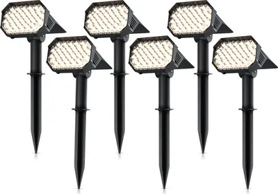 Obrázek produktu pro 6x zahradní reflektor Brandson se zemním bodcem, solární panel, solární reflektor, dobíjecí baterie, 1800 mAh, 2 úrovně jasu, 60-80 lumenů, 3000 K, IP65, odolný proti povětrnostním vlivům, otočný, montáž, zahrada, balkon, terasa