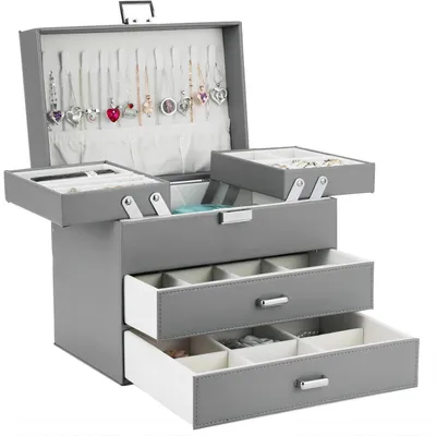Produktbild von Schmuckkästchen mit 4 Ebenen und 2 Schubladen, Grau, Kunstleder