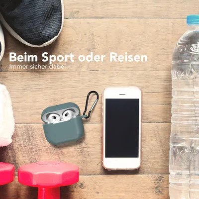 Produktbild von EAZY CASE - Schutzhülle für AirPods 3 Hülle Grün Silikon Case Stoßfest mit Karabiner geeignet als Schlüsselanhänger Antikratz Etui rutschfeste Silikonhülle für Airpod 3. Generation in Dunkel Grün