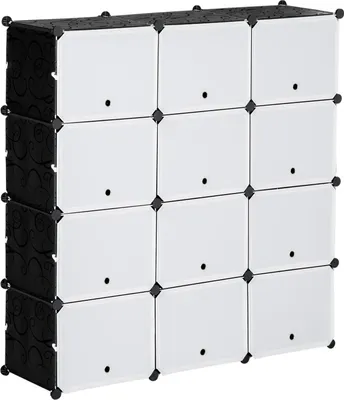 Produktbild von Schuhschrank Aufbewahrungsbox Mit 12 Würfeln Diy Steckregal Mit Türen Kunststoff Stahl Schwarz+Weiß 125 X 32 X 125 Cm