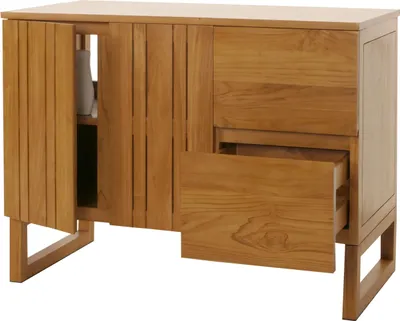 Zdjęcie produktu dla Szafka pod umywalkę z drewna tekowego HWC-M72, wysokiej jakości drewno tekowe klasy B (twardziel, 20-30 lat), 82x106x56 cm