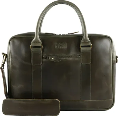 Productafbeelding van BUCKLE & SEAM Leer business tas laptoptas met laptopvak Everett Orange Business Bag Olive donkergroen