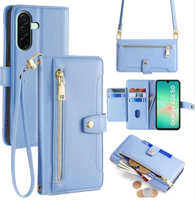Produktbild von Handykette für Samsung Galaxy A26 Hülle mit Band Handyhülle Kartenfächer Kunstleder Umhängetasche in Hellblau
