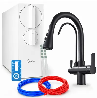 Produktbild von 3-Wege-Küchenarmatur Ari Mit Tanklosem Umkehrosmose-Wasserfiltersystem 800 Gpd, Zweigriffarmatur, Keramikkartusche, Perlator, Messing, Schwarz Matt